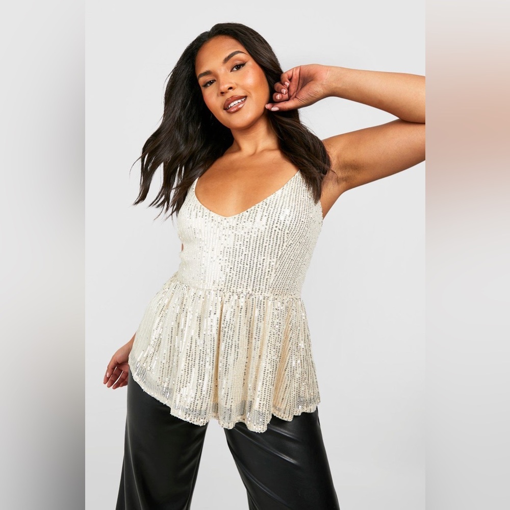 Boohoo Sequin Tank Top Peplum Camisole Size 18
